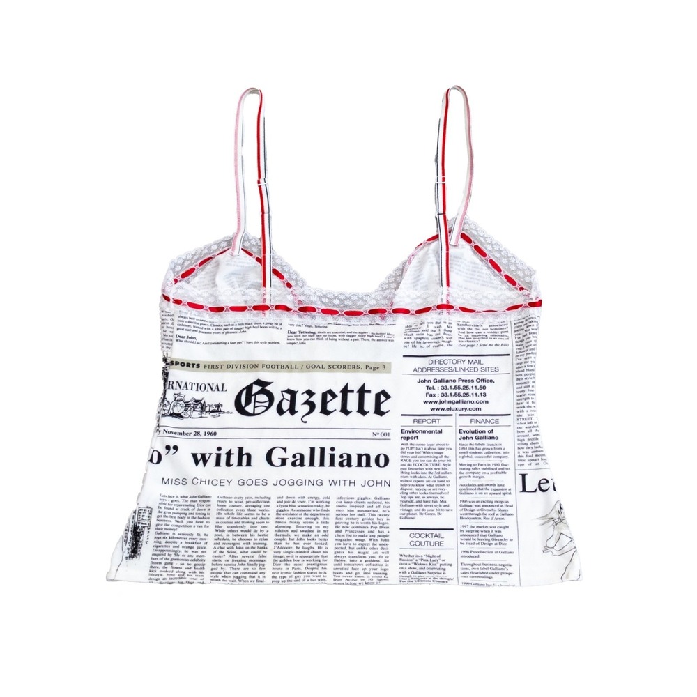 John Galliano Newspaper Print Camisole Top XL Lace Trim France Y2K Designer Rare - Picture 2 of 7